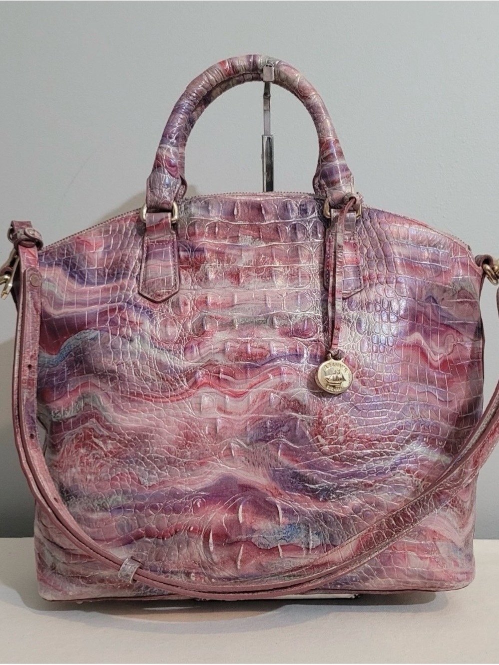 Brahmin Large Duxbury Satchel Bag Magenta Croc Embossed Leather